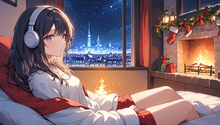 Woman with dark hair looking at night view of Christmas city,Streetscape、 Listening to Music with Headphones 、Relaxing in a room with a fireplace