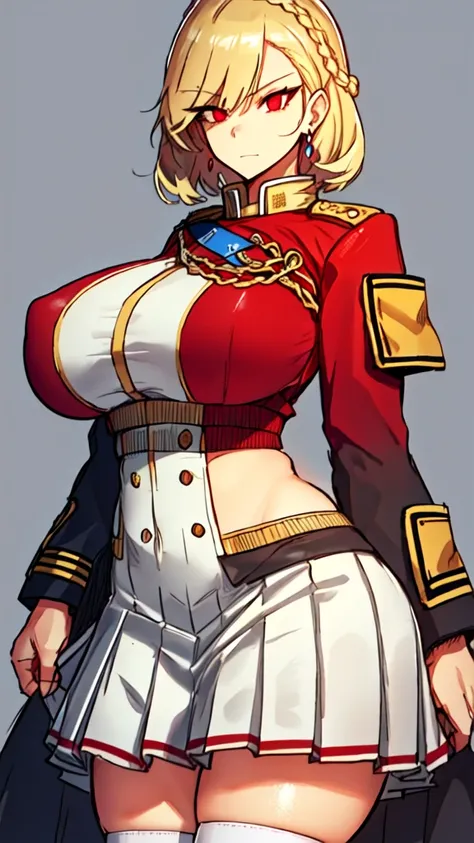 (Matte texture), (cowboy shot:1.1), 1 woman, (blonde hair), (short bob), (red eyes), (long eyelashes:1.1), (sharp eyes), (detailed eyes:1.1), (sensual body),  (gigantic breasts:1.3), (thick thigh:1.1), (wide hip), (military uniform, pleated skirt), (simple...