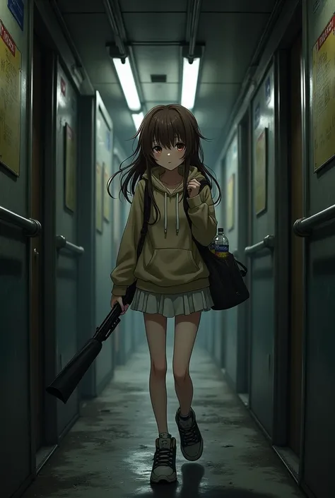 Anime Girl has long brown hair, tawny eyes, wears a hoodie, short white skirt, wears black and white shoes
and behind him he carried a bag containing water bottles, food and the back of a shotgun for survival. He was on the train holding a gun, worried tha...