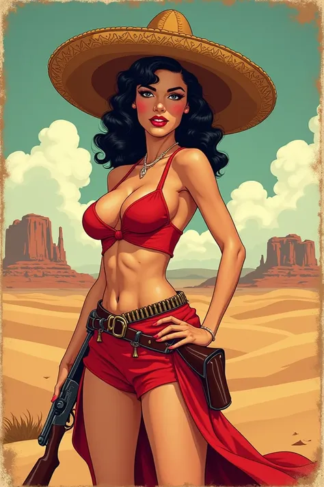 Woman wearing a Mexican sombrero wearing a bullet belt and a shotgun a dress in the desert photo showing from the belly up in the format of a cartoon HQ vintage tattoo PIN UP classic with frame around the design 