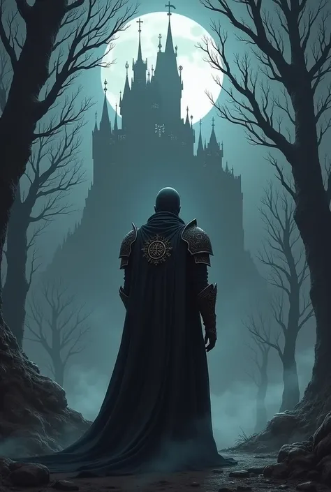 Dark fantasy knight looking at castle in night