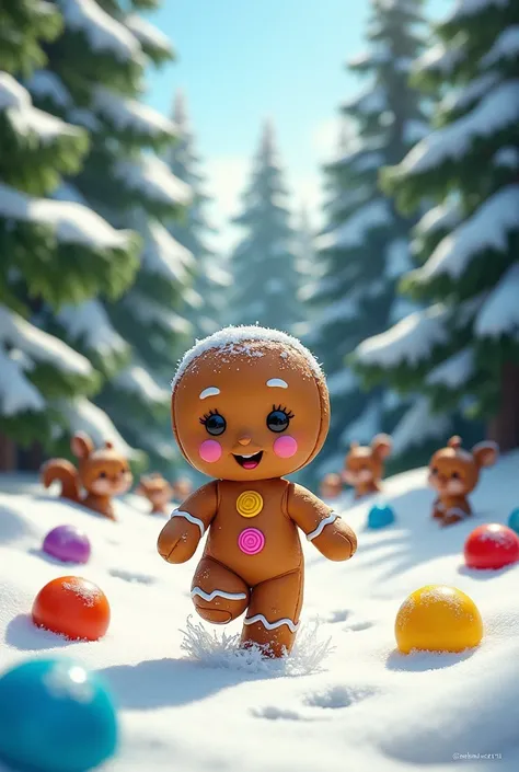  An adorable gingerbread doll with chocolate eyes , colorful candy buttons and a happy smile are running through soft snow in a forest full of tall pine trees,  with snow accumulated on the branches .  Colourful toys are scattered around ,  like balls , tr...