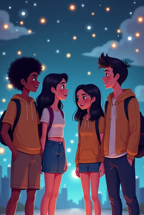  I need an image that represents four college students ,  two women and two men,  the first is a girl with curly hair and a black color ,  her skin color is white , the second boy is thin , musculoso y  her skin color is white ,  the third girl has straigh...