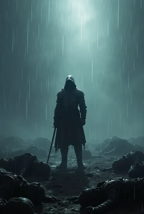 Generate me a silhouette of a lone survivor warrior from a great war. He stood victorious in the middle of the battlefield filled with shadows of dead bodies of enemy and comrades. It was raining