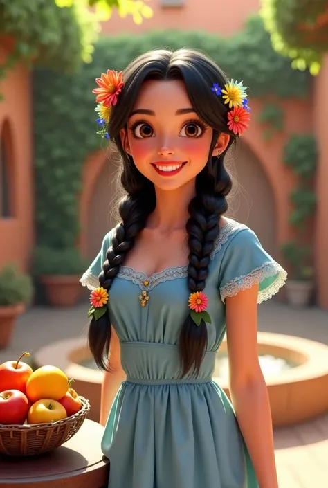 A lively Italian girl evaelfie with glossy black hair braided and adorned with fresh flowers, dressed in a pale blue linen dress with embroidered hems. She stands in a Sienese courtyard, surrounded by terracotta walls, climbing ivy, and a central fountain....