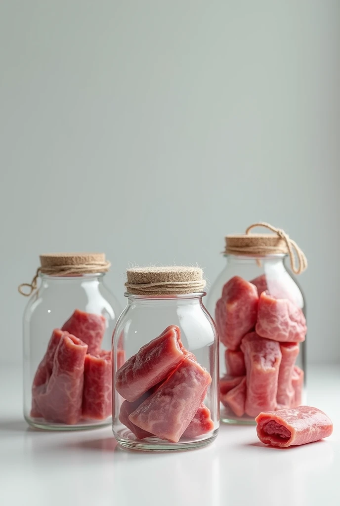 I want there to be three jars with little meat inside, one with a lid, another without a lid and one with gauze. 
