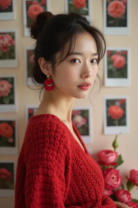 several polaroid photos of flowers hanging on the wall, beautiful Korean woman, wearing a very elegant red knitted sweater, wearing red hoop earrings, hair in a bun, there are red babyrose flowers