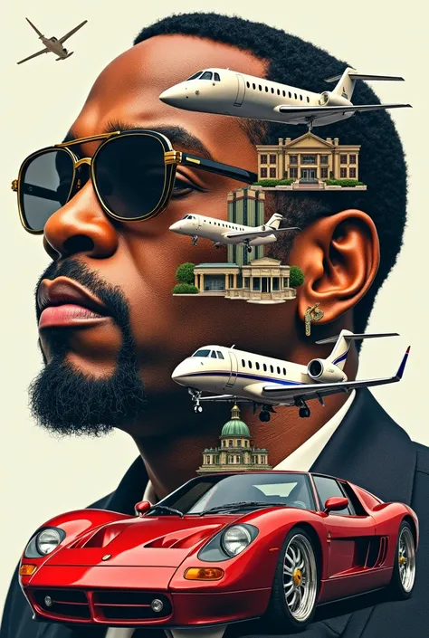 Collage-style image of P diddys assets (mansion, cars, private jet, fashion empire) artistically blended, showing the full extent of his wealth. image should have Vivid coloring & "Chat gpt" style to it