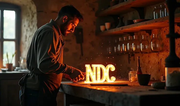  close-up , textured male glassblower blows the word NDC out of glass,  Medieval Italian era ,  poor Rustic workshop , stone walls ,  cold cinematic scene,  filled with warm sunlight ,  flowing through a large window and illuminating floating specks of dus...