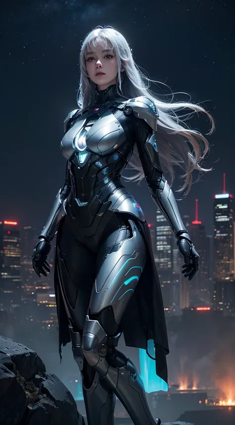 closeup,Future mechanical girl, shining metal ,Shining action,ethereal,Future Technology,Advanced artificial intelligence,Neon-lit cityscape,Metal exoskeleton,Highly detailed facial features,Glowing eyes,Crafted synthetic skin,Luxury futuristic fashion,Sus...