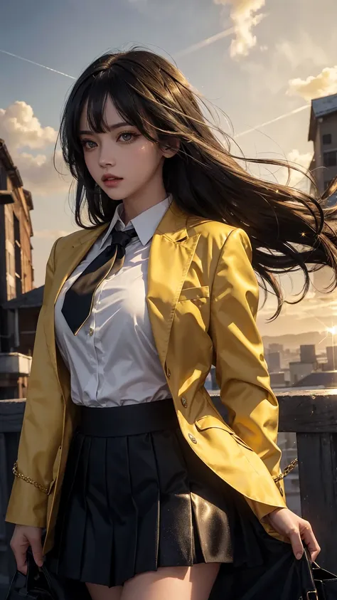  1 girl ,  complex details, masterpiece,  best quality,  extremely detailed, cinematic lighting ,  beautiful detailed sparkle , Beautiful, detailed face and eyes, 8k, Dark intense shadows,  yellow eyes,  Medium Hair ,  black hair, bangs, Floating Hair,  bl...