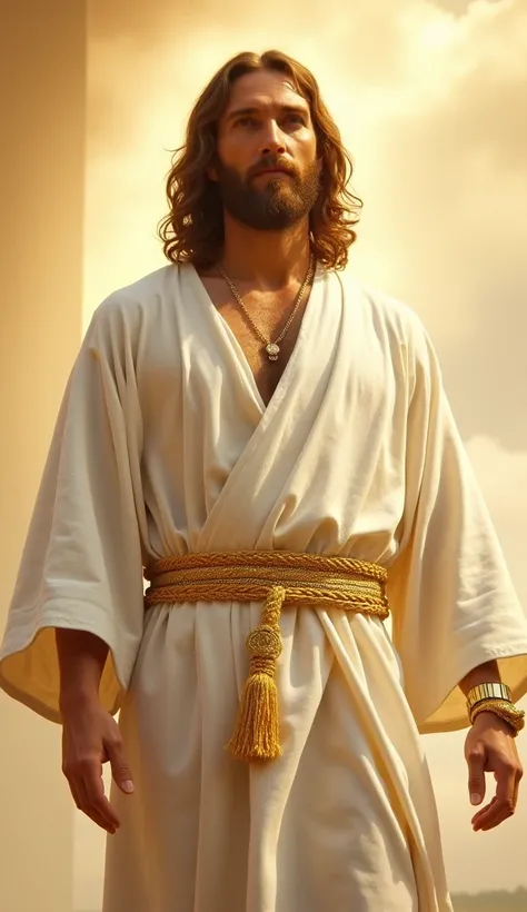 Jesus in linen robes and pure gold belt":  A heavenly being wearing pure white linen tunics ,  with a golden belt that shines brightly , made of the purest gold .  The setting has a heavenly background ,  with a soft light that reflects on the details of h...