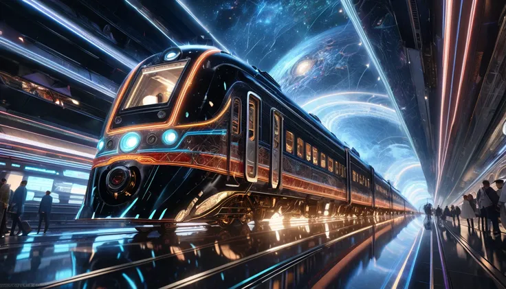 fast train, time-traveling train, exiting from time wormhole, lightnings, sparkles, glowing lights, futuristic machine to travel in time, highly detailed, cinematic angle, dramatic lighting, hyper-realistic, 8K, photorealistic, intricate details, stunning ...