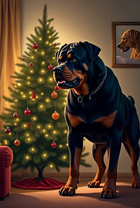 a Rottwailen dog clutching a Christmas tree