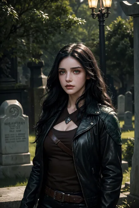 beautiful warrior, Green Eyes And Long Black Hair, curly hair, Ela se parece com Yennefer de The Witcher, She wears a leather jacket, Cemetery background at night . ,  your face is stained with blood and freckles,  your skin is white , and his expression i...