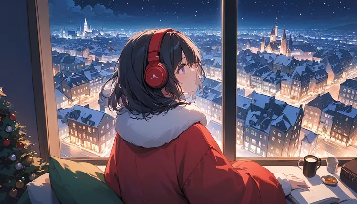 Dark-haired woman looking at the night view of the Christmas city, cityscape, listening to music with headphones, there is a fireplace in the corner of the room to keep the room warm