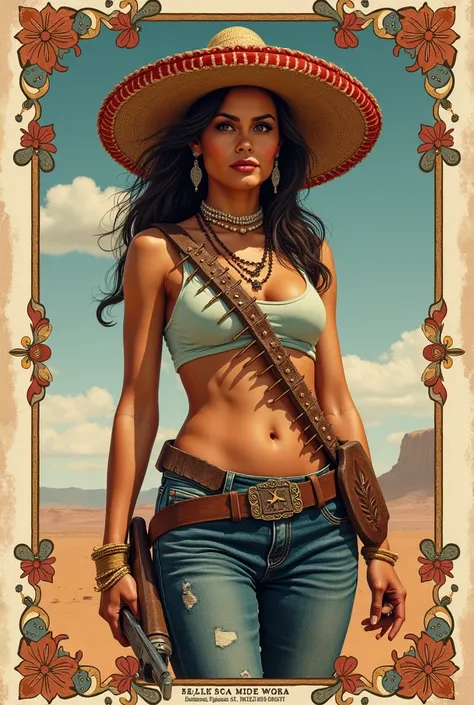 Woman wearing a Mexican sombrero wearing a bullet belt crossing her chest and a shotgun a Mexican dress Las Soldaderas Adelitas in the desert photo showing from the belly up in the format of a HQ vintage tattoo PIN UP classic drawing with a frame wrapped a...