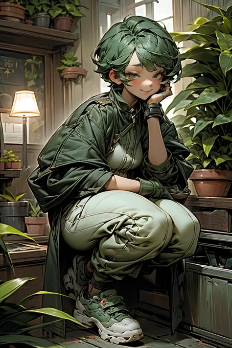 woman、 anatomically correct、 detailed eyes 、 Very Short Hair 、Short Hair、Dark green hair、 green college jacket holding a small potted plant、 white shirt、Military Pants、deep green sneakers 、((( hold a small potted plant in your hand)))、Savage smile、Wide mou...