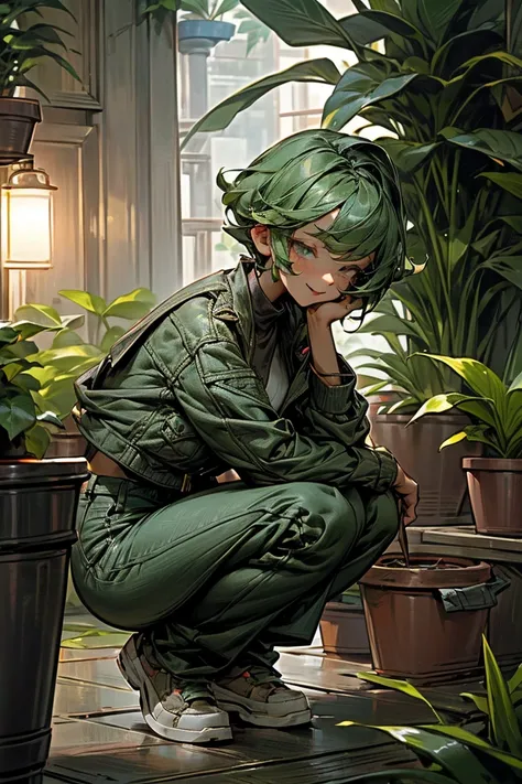 woman、 anatomically correct、 detailed eyes 、 Very Short Hair 、Short Hair、Dark green hair、 green college jacket holding a small potted plant、 white shirt、Military Pants、deep green sneakers 、((( hold a small potted plant in your hand)))、Savage smile、Wide mou...