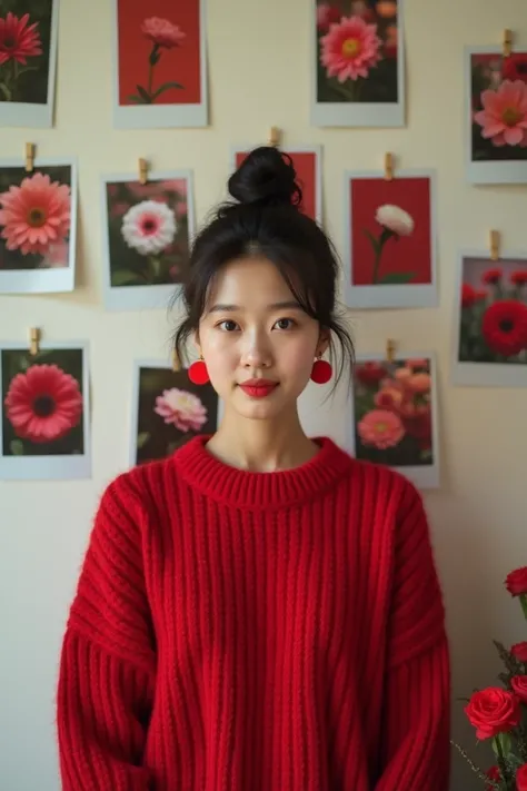 full body several polaroid photos of flowers hanging on the wall, beautiful Korean woman, wearing a very elegant red knitted sweater, wearing red round earrings, hair in a bun, there are red babyrose flowers