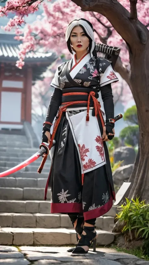 arafed woman in a white and black outfit holding a sword, female samurai, beautyful.