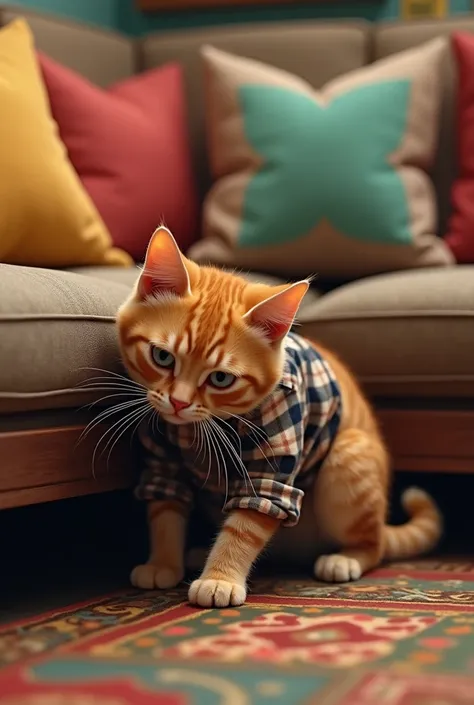 Prompt 2: Whiskers Searching Under the Couch
The same orange tabby cat now crouching slightly on two legs, peeking under a vintage-style couch. He’s wearing the plaid shirt and suspenders, with a determined expression. Behind him, the living room has an as...