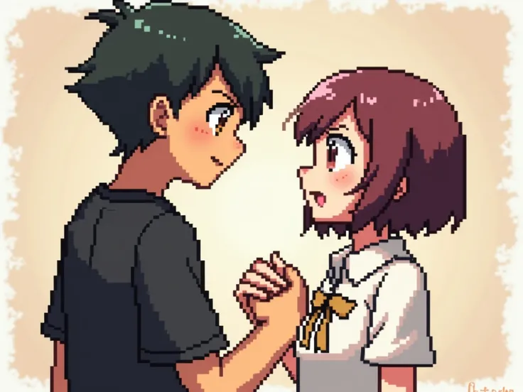  I would like an image in pixelated format of a boy with black hair and brown eyes and with a black shirt ,  who shakes hands with a girl with dark reddish hair and short hair and bangs on her side and who wears a white shirt with a white ribbon in the mid...