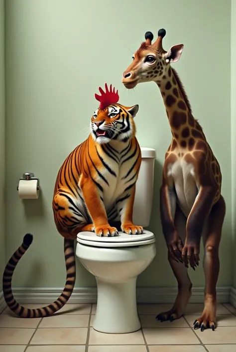 A chicken with a tigers head ,  sits on the toilet, and next to her is a monkey with a giraffes head 