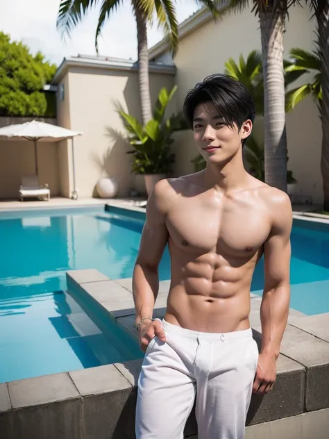 (masterpiece,best quality:1.2),male model, alone, 1 person,20 year old male,young,Handsome,asian model,black hair,short hair,Smile,Sexy breasts,6-pack abs,Sexy figure,summer,Poolside,wearing ulra micro thongs,swimming briefs,whole body perspective, blue ey...