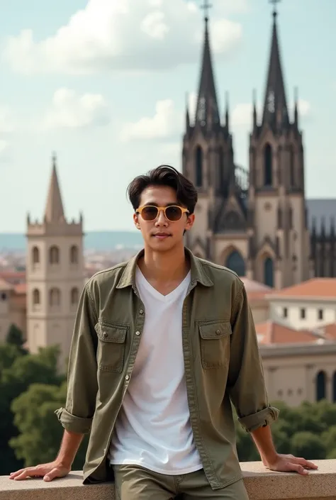 There is a handsome Japanese man about 30 years old on the stone wall in front of a cathedral，Wear light tan sunglasses in casual wear. Charming Emotions,  Fine Face Detail )).  Take a picture in a pose in a relaxed mood .Depend on, in [ Barcelona , with a...