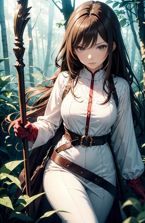 A stunning HD (High Definition) illustration of a brown-haired mage anime girl with long hair, with a braid on one side. She has brown eyes and wears a blue mages veil on her head. She is dressed in a long-sleeve white medieval-style shirt, brown pants, an...