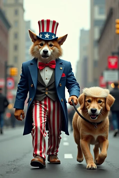 Chien humanoïde déguisé en Oncle Sam en train de promener un chien avec la tête de Donald Trump 