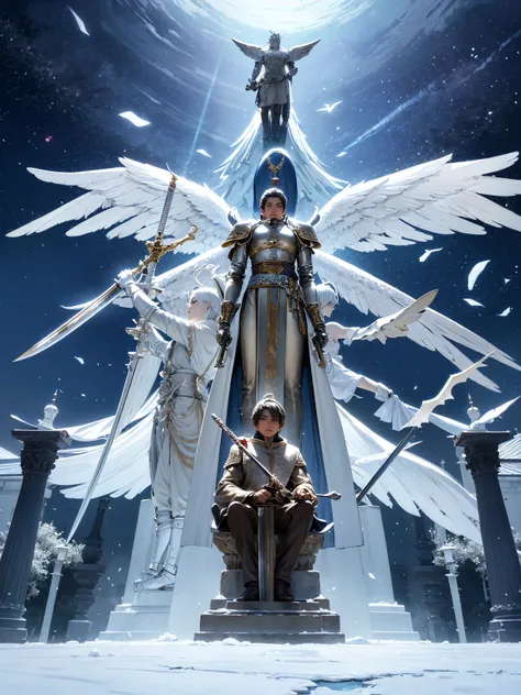 Ice Castle、Freezing cold( the swordsman holds up the sword ) the swordsman holds up the large sword 、The swordsman is at the center 、 the statue of silver wings is seated on both of the swordsmen ( and the statue of an angel on the left 、The statue of the ...