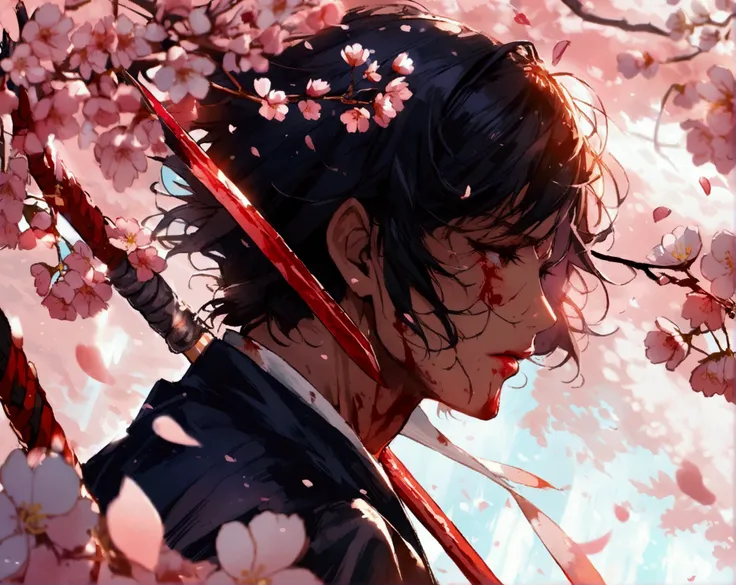 a demon walking among the cherry blossoms with a bloody spear