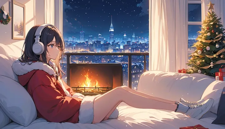 Dark-haired woman looking at the night view of the Christmas city, cityscape, listening to music with headphones, there is a fireplace in the corner of the room to keep the room warm