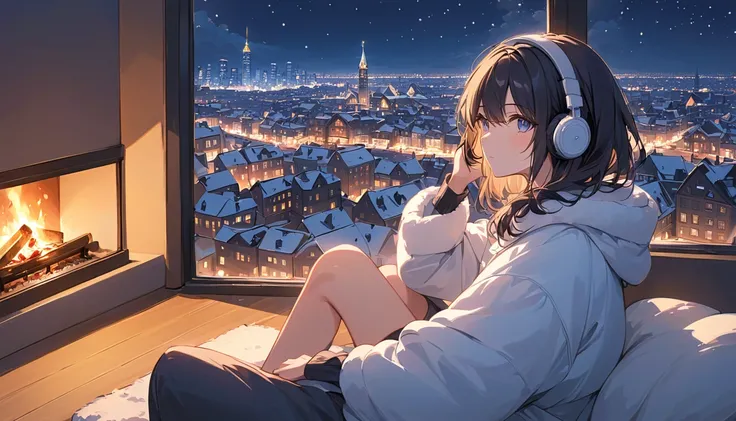 Dark-haired woman looking at the night view of the Christmas city, cityscape, listening to music with headphones, there is a fireplace in the corner of the room to keep the room warm