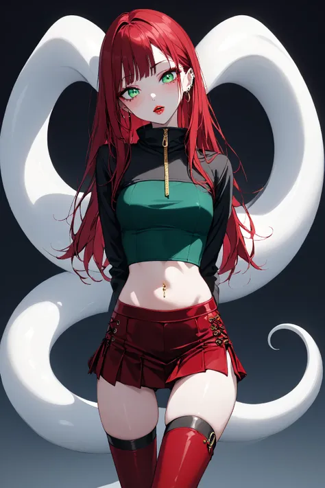 Surreal and cinematic picture of a young asian slim fit young teen girl, round face with thick lips of a crimson color, super slim waist, extremly long skinny legs, navel piercing, big gold ear ring, blushing cheeks, very long straight dark ruby red hair ,...