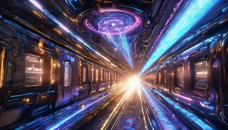 fast sci-fi train, time-traveling train, exiting from time wormhole, lightnings, sparkles, glowing lights, futuristic machine to travel in time, highly detailed, cinematic angle, dramatic lighting, hyper-realistic, 8K, photorealistic, intricate details, st...