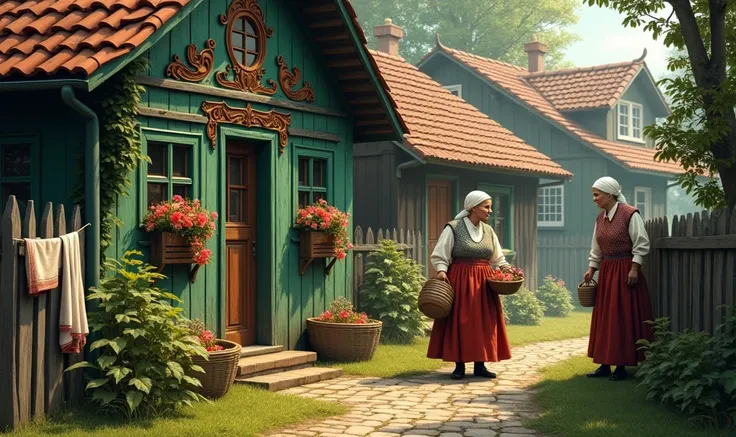 A charming rustic village scene with traditional wooden houses decorated with intricate carvings, featuring a green-painted house with blooming flowers in window boxes. Two elderly women wearing traditional folk clothing are chatting near a wooden fence, h...