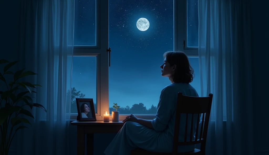  An emotional scene : A man/ of a woman sitting in a chair by the window ,  looking out into the star-filled night sky .  Gentle moonlight shines on her harrowing face ,  with the faint shadow of a mother smiling gently in the sky . Melancholic shades ,  S...