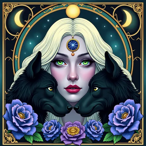 Bust of the Goddess Hecate with green eyes ,  white hair, black wolves coming out from behind her , a moon on the forehead and all the art except the frame in purple, blue and green colors ,  with blue roses and purple flowers and the stages of the moon in...