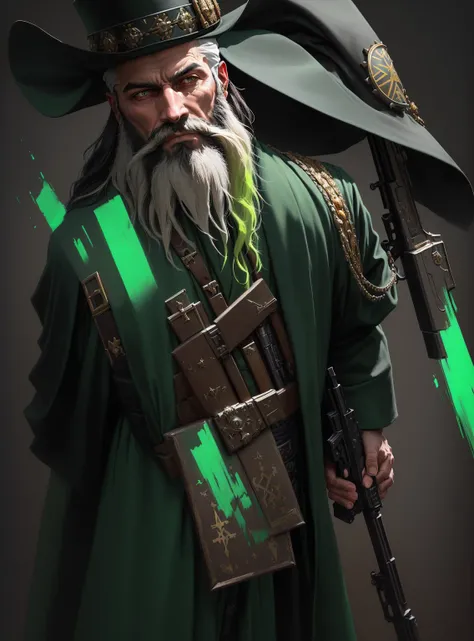 a painting of a man with a beard and a hat holding a gun, portrait of professor sinister, orthodox symbolism diesel punk, inspired by Kamāl ud-Dīn Behzād, wearing only a green robe, inspired by Pál Szinyei Merse, portrait of a holy necromancer, inspired by...