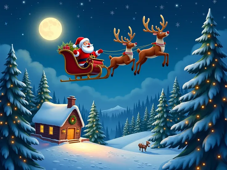 Image en paysage avec Pere noel en traineau dans le ciel Disney Style, la nuit avec un paysage enneige et tous les sapins de noel decores et un chalet decore