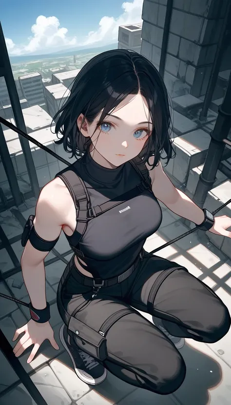 from above, (((squats))), full body, thighs, wide hips, score_9, score_8_up, score_7_up, (solo), 1girl, blue eyes, wavy hair, forehead, bob hair, black hair, (((hands))), high neck sleeveless top, fingers, medium breast, sneakers, ((sexy pose)), ((( black ...