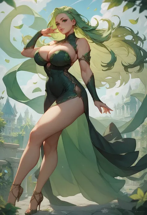  Green-haired girl, voluptuous,  medium-long length hair ,  big breasts, green eyes and low-cut black dress 