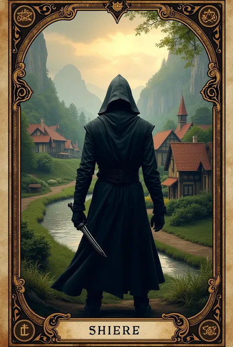 (photorealism:1.2), Thief looking at a village, holding a dagger. like a playing card. Tarot card