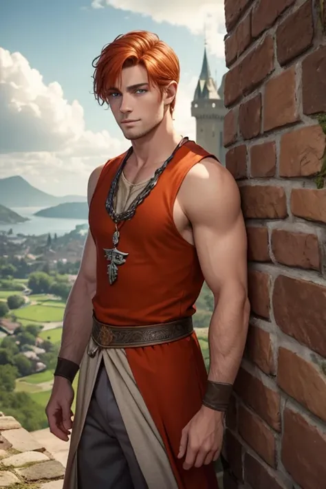 Photo-realistic. A pleased, tall, handsome, fit, 24-year-old Caucasian medieval prince, with short, fade-cut, burnt orange hair, and blue eyes, wearing a red and tan sleeveless tunic, with gray trousers, standing on a castle wall, looking out to the distan...