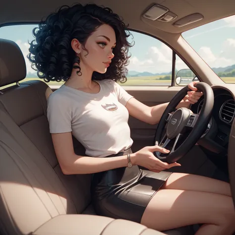 young woman drives with hands on the steering wheel, white official shirt, black tight mini skirt, black curly hair, flat breasts, inside car
