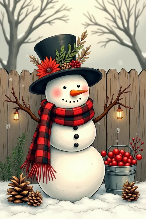 A sketch of a rustic winter scene. At the center is a snowman adorned with a large black hat, decorated with a vibrant red flower and other ornate feathers. The snowman is wrapped in a checkered red, green and black scarf. Surrounding the snowman are vario...