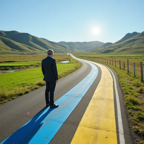  Symbolic representation of a road with two paths:  one representing Mercosur and the other , sustainability .  The CEO of Carrefour is at a decision point ,  symbolizing the change in posture .  Leave a space for the title of the news above the image .